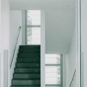A black and white photo of a staircase
